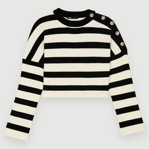 Maje Ecru Striped Round Neck Long Sleeve Jumper Sweater in Black & White NWT